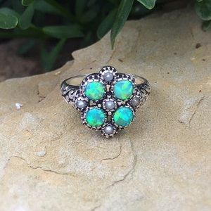 Green Opal & Pearl Sterling Silver Ring